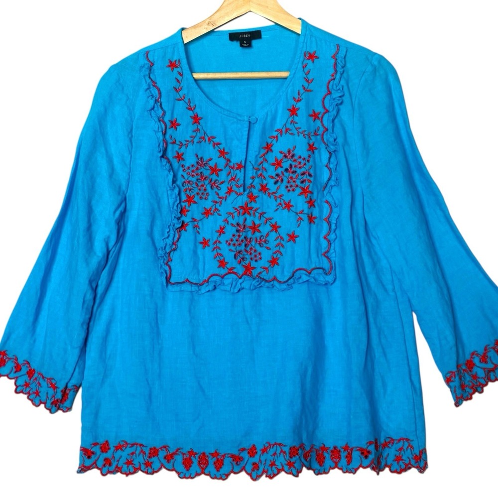 J. Crew Embroidered Linen‎ Tunic Top Womens 2 Aqua Blue Boho Chic Floral Resort